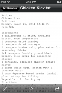 Chicken Kiev Recipe on iPod Touch (Pure Text Mode)